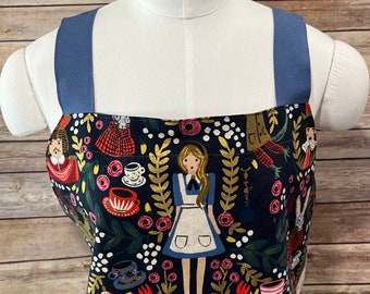 Alice In Wonderland Canvas Apron, Rifle Paper Co Linen Cotton Cross Back Apron, Japanese Style, For Kitchen or Garden, Artist or Potter Gift