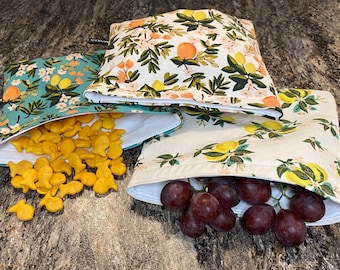 Citrus Reusable Food Bag, Rifle Paper Co Bag, Hook and Loop Pouch, Reusable Food Bag