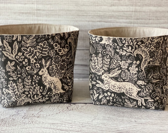 Rabbit Woodland Fabric Storage Basket, Reversible Cotton Linen Organizer, Rifle Paper Co Fable Bag