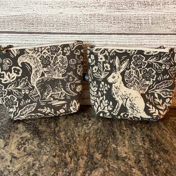 Rabbit & Squirrel Mini Pouch, Wildwood Canvas Zipper Pouch, Rifle Paper Co, Linen Cotton Coin Purse, Jewelry Zipper Bag, Travel EarPods Case