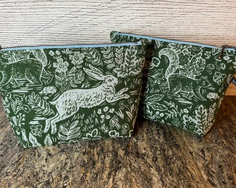 Green Rifle Paper Co Bag, Wildwood Canvas Zipper Pouch, Bunny Linen Cotton Bag, Rabbit Cosmetic Bag, Large Makeup Bag, Squirrel Jewelry Bag