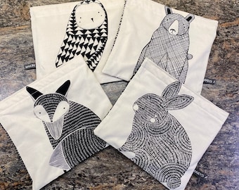 Thicket Reusable Food Bag, Woodland Hook and Loop Bag, Environmentally Friendly, Black & White Pouch, Bear, Fox, Owl, Rabbit, Bunny