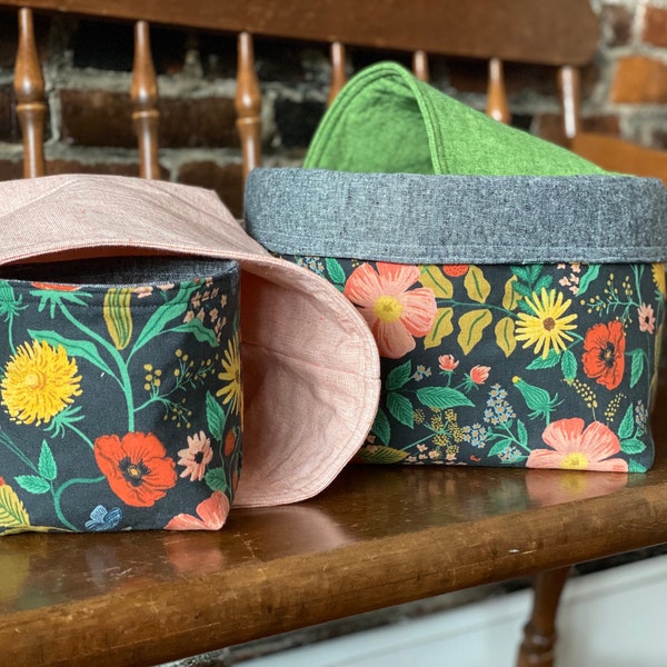 Floral Storage Basket, Cottage Core Decor Gift, Cotton Linen Fabric Pod, Rifle Paper Co Bag,  Reversible Organizer, Poppy Fields on Canvas