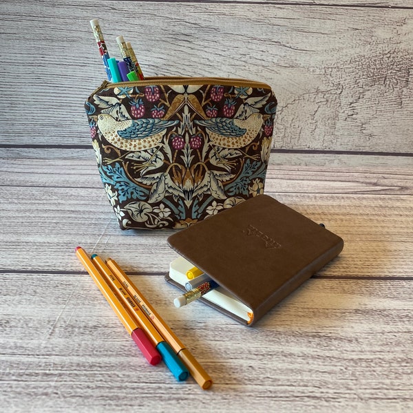 Brown & Teal Strawberry Thief Zipper Pouch, Gift for Bird Lover, Cotton Makeup Bag, William Morris Cosmetic Bag, Boxed Bottom Pencil Pouch