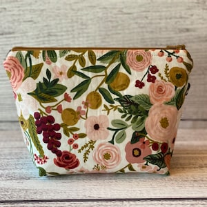 Rose Garden Party Zipper Pouch, Rifle Paper Co Cosmetic Bag, Flat Bottom Toiletry Bag, Floral Travel Clutch, Padded Cotton Project Bag
