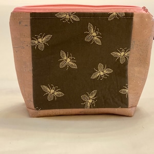 Pink Cork Zipper Pouch, Bee Cosmetic Bag, Bumble Bee Pencil Case