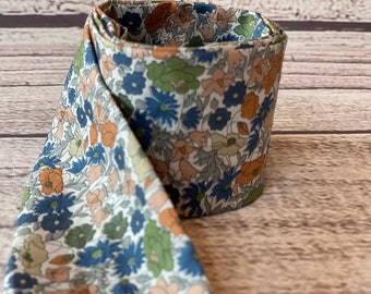 Poppy Forest Liberty Tana Lawn Skinny Scarf, Floral Wardrobe Accessory, Green Orange Blue Narrow Fabric Belt, Bow for Handbag or Purse