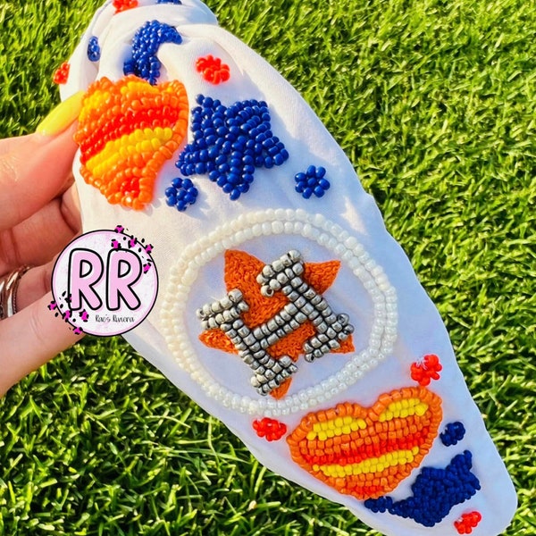 Seed Beaded Headband | Astros Knotted Headband | Houston Baseball Headband