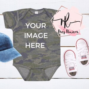 Rabbit Skins 4424 Infant Fine Jersey Bodysuit Mockups | Vintage Camo Mockup| Flat Bodysuit  Mockup | Baby Mockup