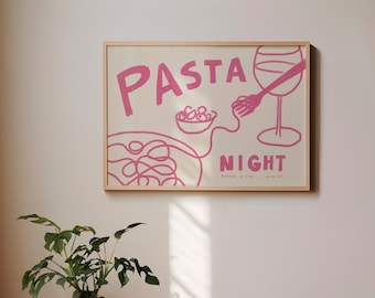 PASTA NIGHT Poster, italienisches Essen Wandkunst, Pasta Liebhaber Kunstdruck, Retro Pasta Wandkunst, Vintage italienische Pasta Kunstdruck, rosa Dinner Party