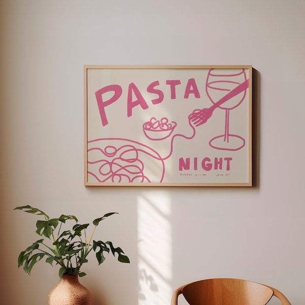 PASTA NIGHT Poster, italienisches Essen Wandkunst, Pasta Liebhaber Kunstdruck, Retro Pasta Wandkunst, Vintage italienische Pasta Kunstdruck, rosa Dinner Party