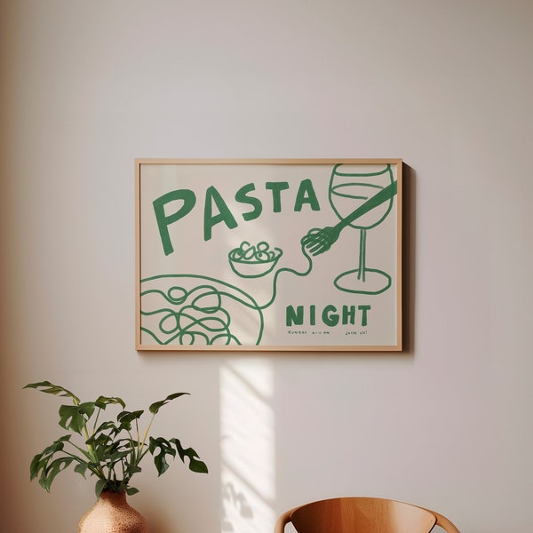 PASTA NIGHT Poster, italienisches Essen Wandkunst, Pasta Liebhaber Kunstdruck, Retro Pasta Wandkunst, Vintage italienische Pasta Kunstdruck, Dinner Party Poster