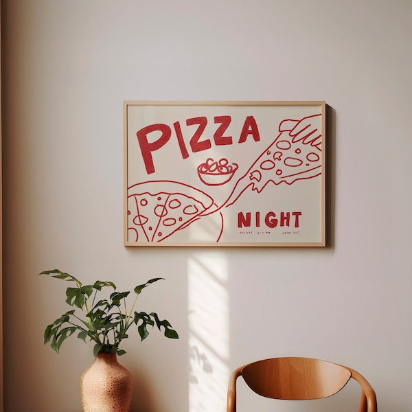 PIZZA NIGHT poster, Italian food wall art, Pizza lover art print, Retro pizza wall art, Vintage Italian pizza art print, dinner party poster
