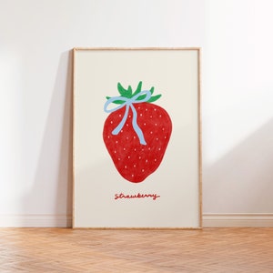 Strawberry Wall Art, Sandy Liang Bow Art Print, Ribbon Poster, Sandy Liang inspired home decor, Trendy Art Print, strawberry girl poster image 1
