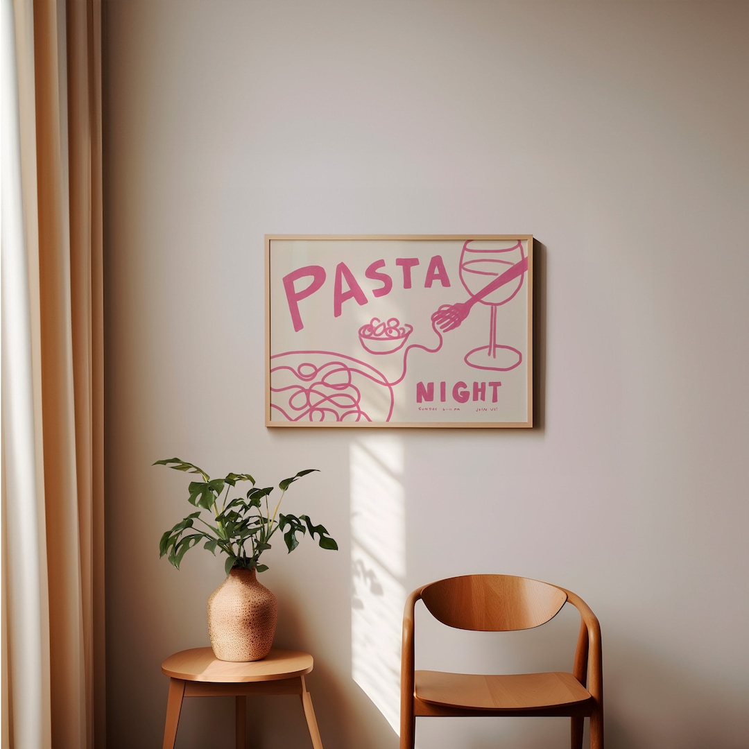 PASTA NIGHT Poster, Italian Food Wall Art, Pasta Lover Art Print, Retro