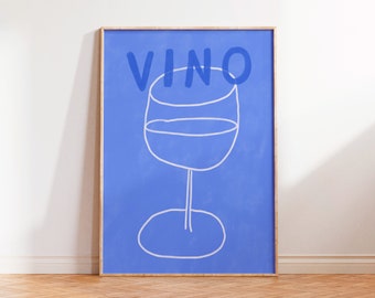 Affiche Vino, Impression d’art en verre de vin, Affiche de chariot de bar, Art mural de boissons éclectiques, Décoration de cuisine du milieu du siècle, Tirages d’art maximalistes, Bleu