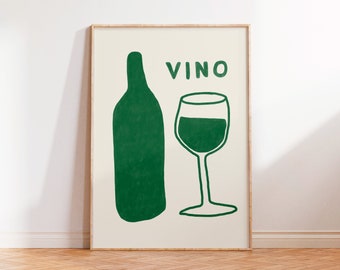Vino Wine Bottle Poster, Wine glass Art print, Bar cart Poster, Dinner party drinks wall art, mid century kitchen art print, minimalistic