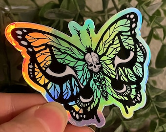 Holographic Death Moth Sticker Gift | Fantasy Rainbow Edgy Goth Surreal Art | Vinyl Weatherproof Laptop, Hydro-flask, Phone, Planner Decal