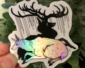 Holographic Animal Sticker Edgy Gift | Surreal Fantasy Dripping Deer Art | Vinyl Waterproof Laptop, Hydro-flask, Planner Decoration