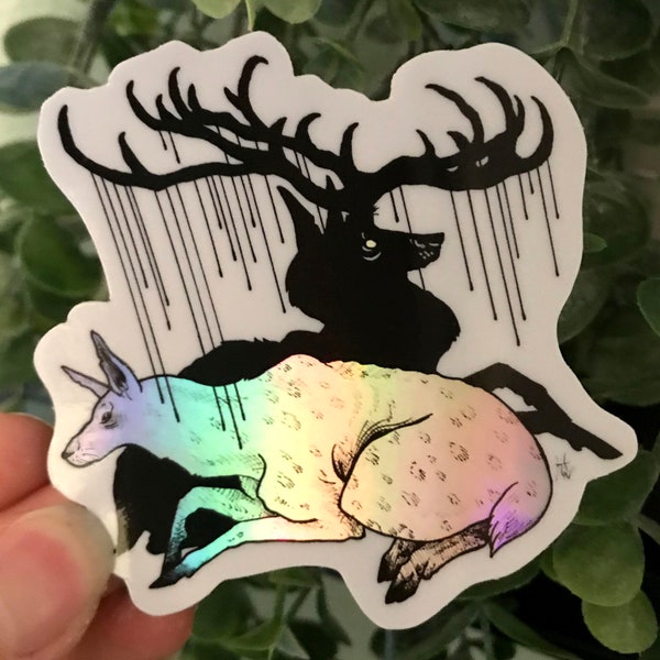 Holographic Animal Sticker Edgy Gift | Surreal Fantasy Dripping Deer Art | Vinyl Waterproof Laptop, Hydro-flask, Planner Decoration