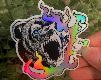 Holographic Flames Bear Skull Sticker Gift, Fantasy Rainbow Surreal Animal Art, Vinyl Weatherproof Laptop, Hydro-flask, Phone, Planner Decal