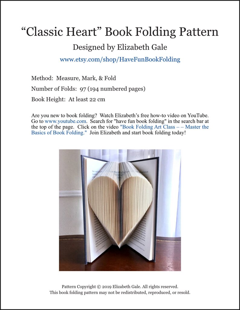 CLASSIC HEART Book Folding Pattern 97 Folds 194 numbered pages. PDF digital download. Includes free How-To Guide with 3 free patterns. image 6