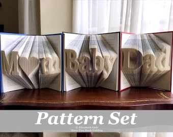 Mom or Mum w/Heart, Baby, & Dad Book Folding 3-pattern set. 3 PDF patterns for the price of 2. Includes How-To Guide with 3 free patterns.