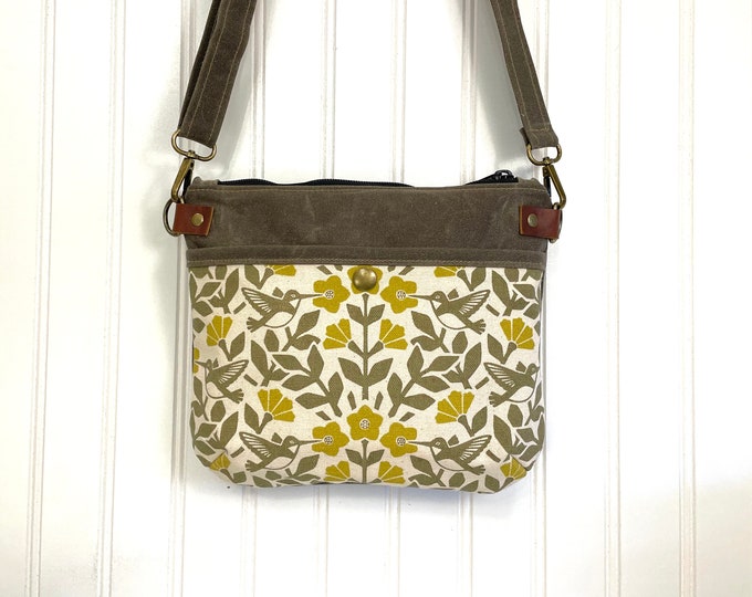 Moss Green Hummingbird and Weigela Waxed Canvas Small Cross-Body Purse - Screen Printed