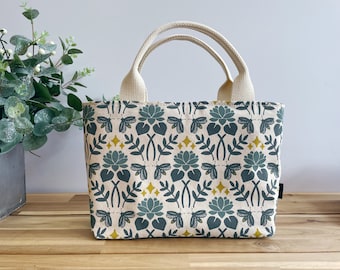 Lotus and Firefly Pattern Project Bag / Lunch Bag - Screen Printed Fabric Bucket - Above and Beyond
