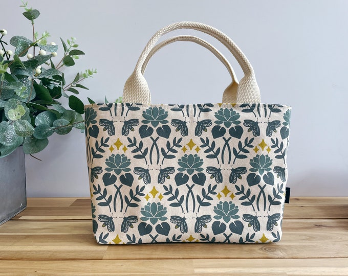 Lotus and Firefly Pattern Project Bag / Lunch Bag - Screen Printed Fabric Bucket - Above and Beyond