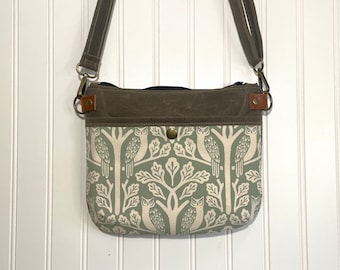 Sage Owl and Oak Tree Waxed Canvas Small Cross-Body Purse - Screen Printed - Sage Green