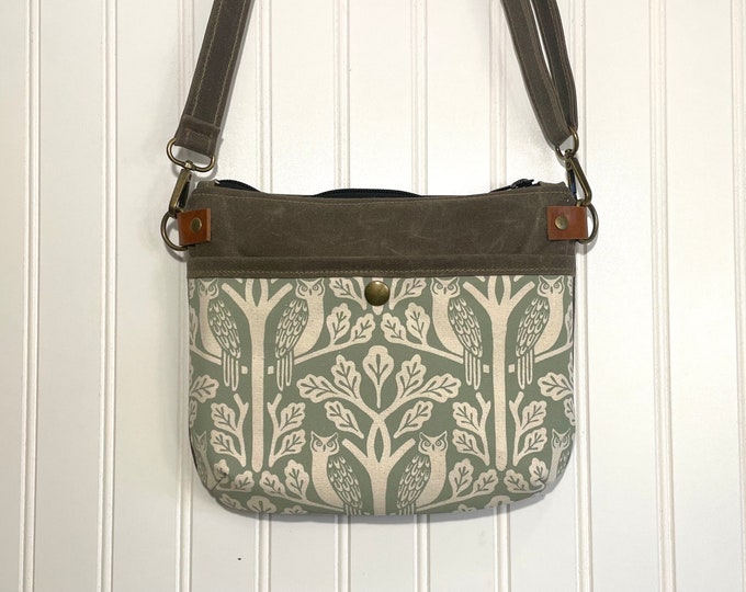 Sage Owl and Oak Tree Waxed Canvas Small Cross-Body Purse - Screen Printed - Sage Green