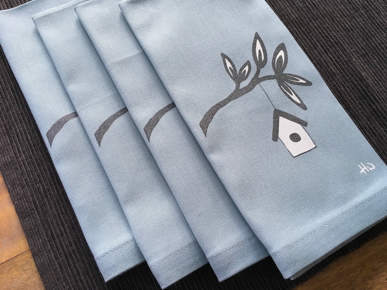 Blue Housewarming Gift Dinner Napkins with Screen Printed Birdhouse Set of 4 Cloth Napkins