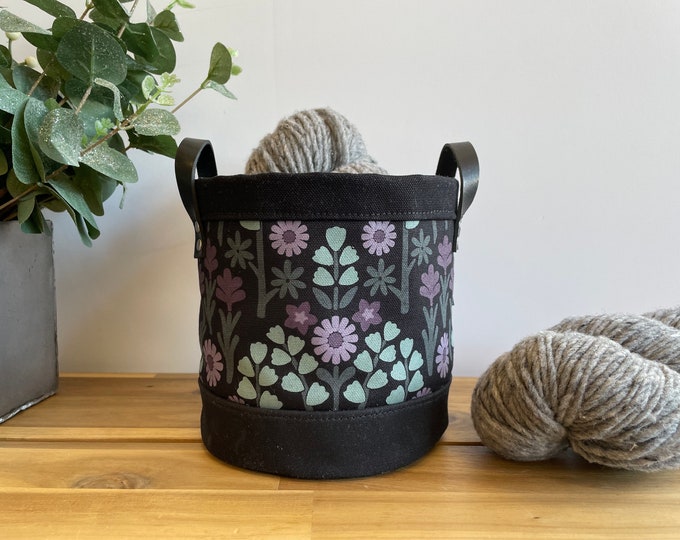 6” Oregon Wildflowers Pattern Fabric Bin - Screen Printed Fabric Bucket - Floral Fabric - Black