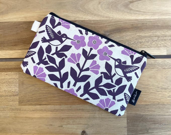 Pink Hummingbird and Weigela Zipper Pouch - Zipper Wallet - Screen Printed