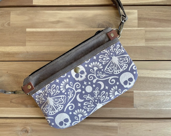 Purple Moth and Skull Waxed Canvas Hip Bag - Daisy Fabric Bag - Cross Body - Small Sling Bag - Fanny Pack - Screen Printed - Water Resistant