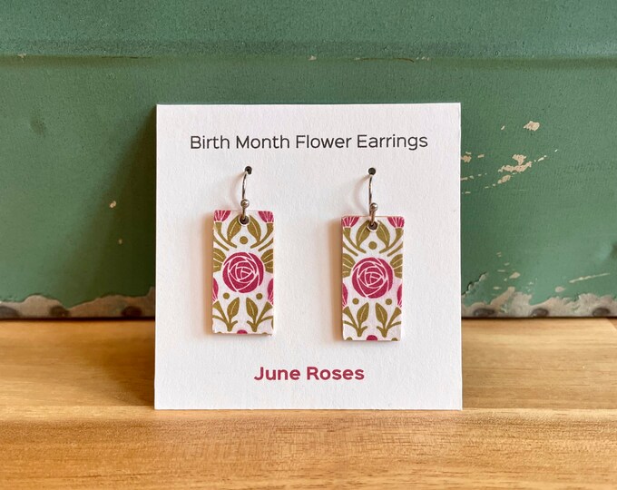 June Roses Decoupage Earrings - Birth Month Flower