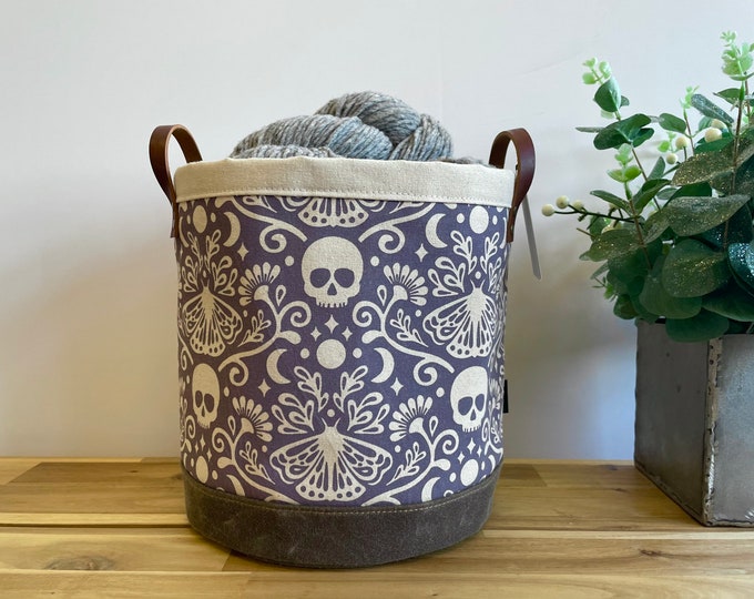 Large 9” Mystical Moth Fabric Bin - Screen Printed Fabric Bucket - Floral Round Bin