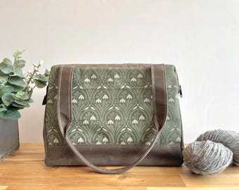 Waxed Canvas Knitting Project Bag: Snowdrops Floral Print Tool Bag