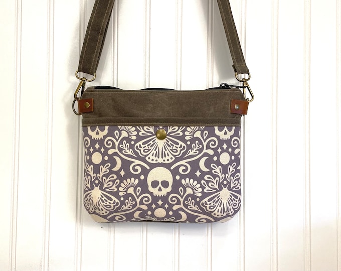 Purple Moth and Skull Waxed Canvas Small Cross-Body Purse - Screen Printed