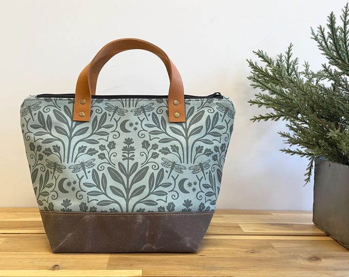 Sage and Moonlight Waxed Canvas Project Bag - Screen Printed - Knitting Bag - Yarn Bag - Crochet Bag - Dragonfly Bag
