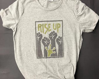 Rise Up Heather Gray Crew Neck Shirt, Portland Frog, Women’s T-Shirt, Resistance Shirt - Screen Printed Graphic Tee - Resistance Fist