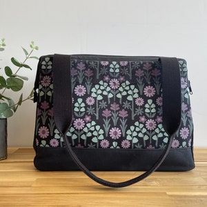Large Waxed Canvas Project Tool Bag - Oregon Wildflowers Knitting Bag - Screen Printed Bag - Crochet Bag - Sweater Project Bag - Black