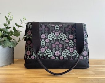 Large Waxed Canvas Project Tool Bag - Oregon Wildflowers Knitting Bag - Screen Printed Bag - Crochet Bag - Sweater Project Bag - Black