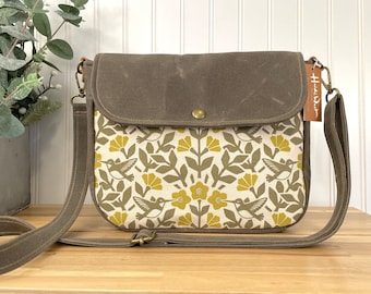 Moss Green Hummingbird and Weigela Waxed Canvas Small Messenger Bag - Satchel - Flap Canvas Bag - Cross Body - Screen Printed Fabric