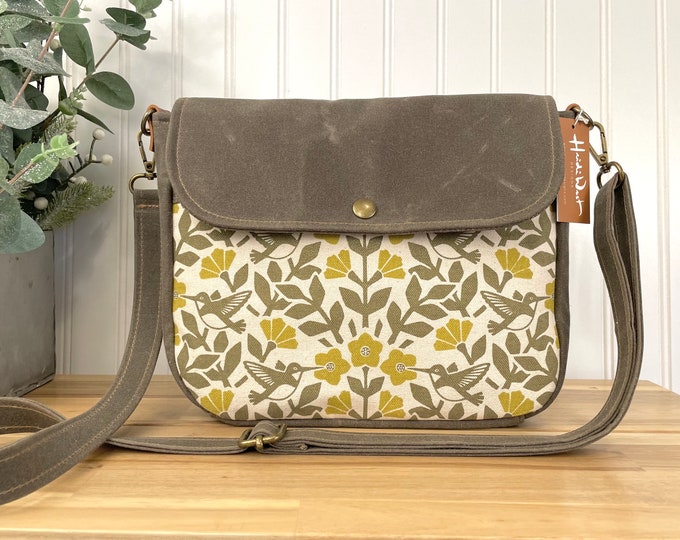 Moss Green Hummingbird and Weigela Waxed Canvas Small Messenger Bag - Satchel - Flap Canvas Bag - Cross Body - Screen Printed Fabric