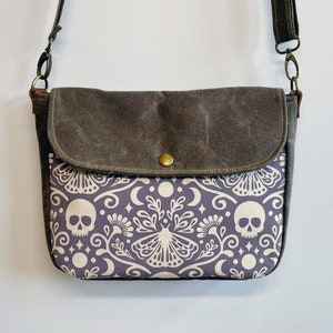 Moth and Skull Waxed Canvas Small Messenger Bag Satchel Flap Canvas Bag Cross Body Screen Printed Fabric image 3