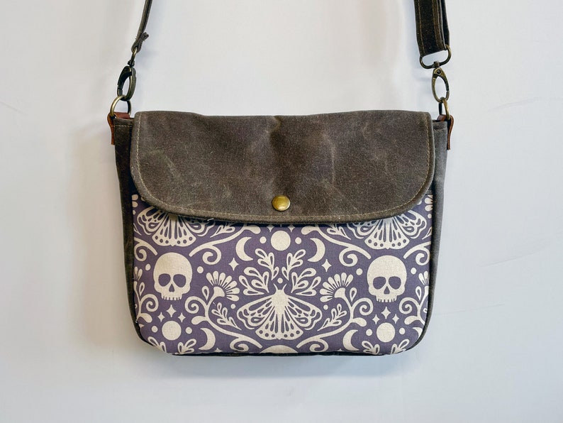 Moth and Skull Waxed Canvas Small Messenger Bag Satchel Flap Canvas Bag Cross Body Screen Printed Fabric image 3