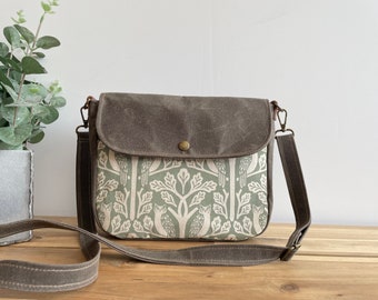 Sage Owl and Oak Tree Waxed Canvas Small Messenger Bag - Satchel - Flap Canvas Bag - Cross Body - Screen Printed Fabric - Sage Green