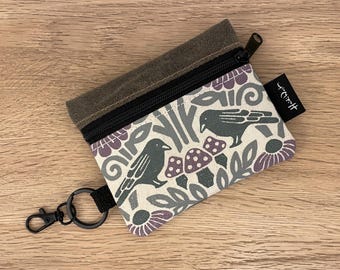 Crow and Mushroom Mini Zipper Pouch - Zipper Wallet - Screen Printed - Earbud Pouch